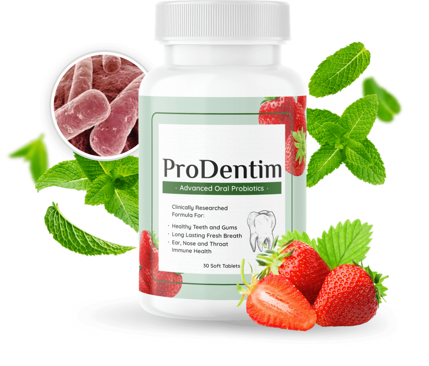 ProDentim advanced oral probiotics bottle with 30 soft tablets, shown with strawberries and peppermint leaves